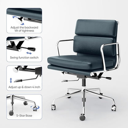 Mid-Back Genuine Leather Office Chair, Padded Executive Desk Chair with Aluminum Arms and Base, Swivel Wheels with Lumbar Support & Tilting Function, Hight Adjustable, Silent Weheels, Dark Blue