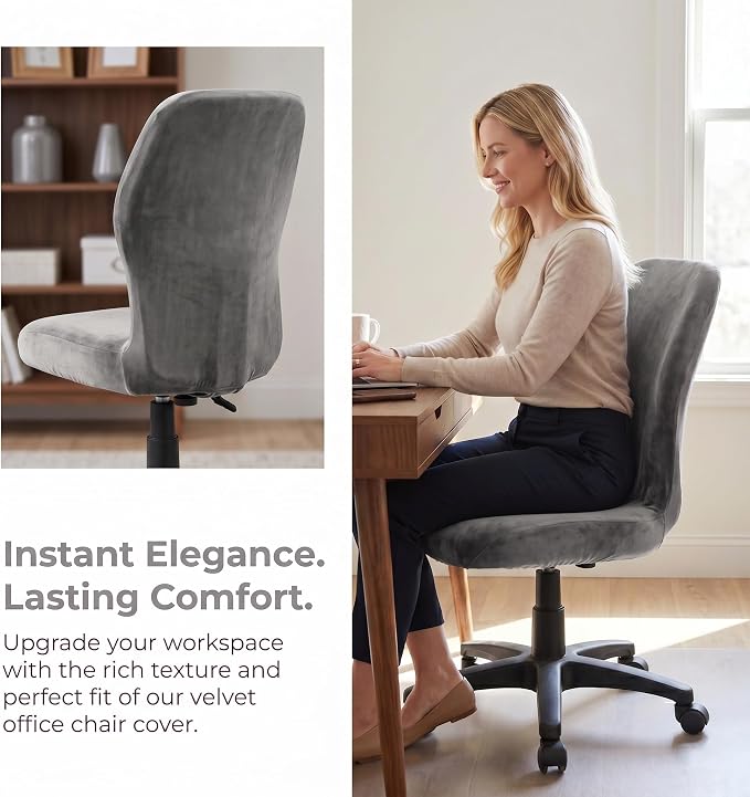 Deisy Dee Velvet Stretch Armless Office Chair Covers - Colorful Stretch Slipcover for Desk Chairs (Dark Grey)