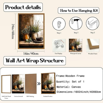 Framed Vintage Kitchen Wall Art, Rustic Herbs Pictures Wall Decor Paintings, Farmhouse Cottagecore Botanical Canvas Prints Moody Home Decor Aesthetic for Dining Room Living Room 16x24 inch