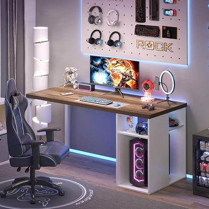 EXCEFUR Modern Computer Desk for Home Office, PC Gaming Desk with Reversible Storage Shelves, Study Writing Table Workstations for Living Room, 53 Inch, Rustic Oak and White
