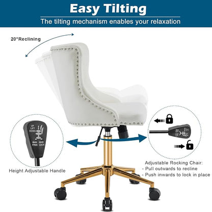 VINGLI White Velvet Armless Home Office Desk Chair with Gold Base/Wheels, Small Cute Vanity/Makeup Chair with Back for Bedroom, Upholstered Adjustable Rolling Swivel Nail Chair for Women/Girls