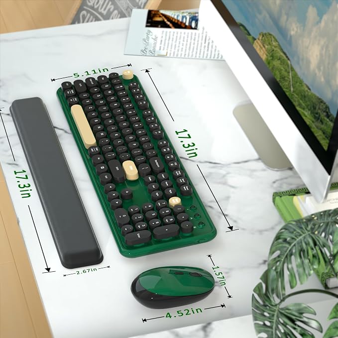 Colorful Wireless Keyboard and Mouse Combo, Retro Typewriter Style Round Keys, 2.4GHz Ergonomic Aesthetic Computer Keyboard with Wrist Rest for Mac, Windows, Laptop, PC(Dark Green)