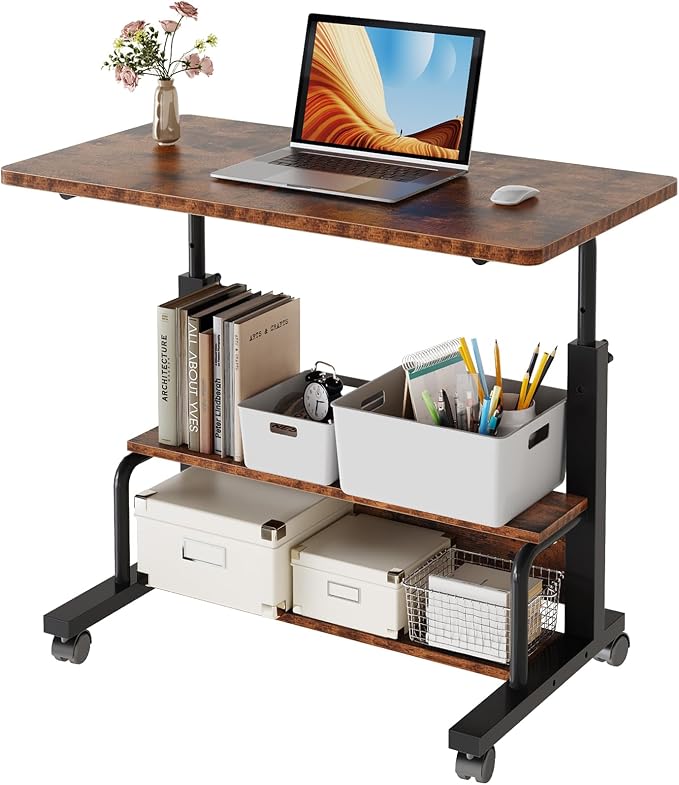 DUMOS 31.5" Mobile Rolling Desk with 2-Tier Storage Shelves, Height Adjustable Computer Desks on Wheels, Portable Rolling Laptop Table for Small Spaces & Home Office Rustic Brown