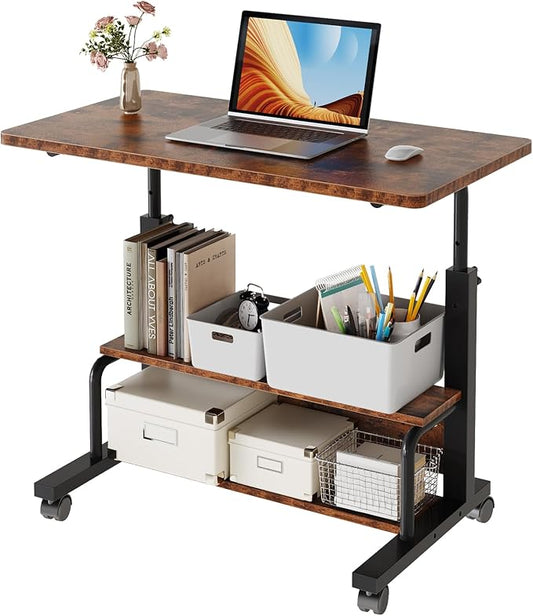 DUMOS 31.5" Mobile Rolling Desk with 2-Tier Storage Shelves, Height Adjustable Computer Desks on Wheels, Portable Rolling Laptop Table for Small Spaces & Home Office, Rustic Brown