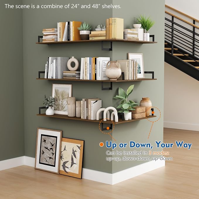 Harwaya Floating Book Shelves for Wall 3-Pack, 24 Inch Long Wall Mount Bookshelf for Bedroom, Rustic Farmhouse Wood Hanging Bookshelves for Living Room Office Books Plants (Dark Brown)