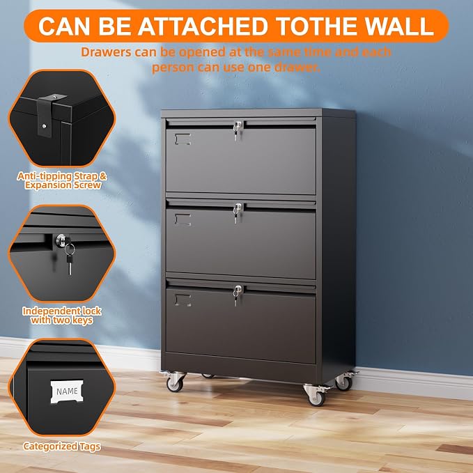 METAN 3 Drawer Lateral File Cabinet on Wheels with Locks, Heavy Duty Metal Rolling Filing Cabinet for Home Office, for Letter, Legal Size Folders, Black, Assembly Required,16" D x 29" W x 47.5" H