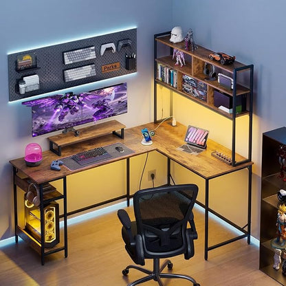 DEVAISE 66 Inch L Shaped Gaming Desk with Drawers and Storage, Corner Desk with LED Lights, Power Outlets, Computer Desk with Monitor Stand, Office Desk for Home, with Hutch, Rustic Brown