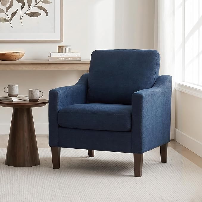 VKNOW Mid-Century Accent Chairs Set of 2, No Tools Assembly Required, Modern Upholstered Polyester Armchairs for Living Room & Bedroom, Comfortable Reading Chairs with Wood Legs, Navy Blue