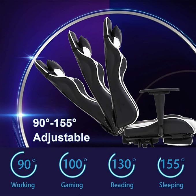 BestOffice | Ergonomic Gaming Chair | White | Reclining Computer Chair with Lumbar Support, Headrest Pillow, Adjustable Footrests | 360 Swivel with Heavy Duty Wheels | for Home & Office