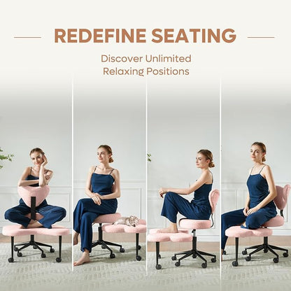 Pinmoco Ergonomic Cross Legged Chair, 360° Swivel Meditation Chair with Wheels, Height Adjustable Seat for ADHD, Strong Lumbar Support, Chic Home Office Furniture, Teddy Fabric, Pink
