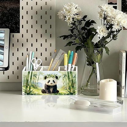 Panda Pen Pencil Holder for Desk Accessories, Cute Panda Gifts for Women & Kids, Wild Animal Wooden Box Sign Decorations for Kids Room Home Office Desk Tabletop