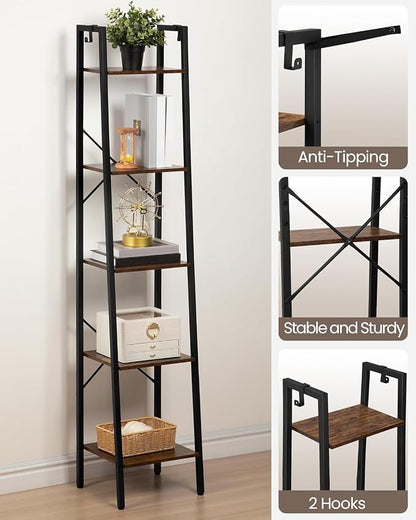 Hzuaneri Ladder Shelf, Bookshelf Bookcase, Freestanding Corner Storage Shelve with 2 Hooks for Home Office, Living Room, Kitchen, Bedroom, Industrial, 11.8" D x 13.4" W x 63" H, Rustic Brown BC03201B