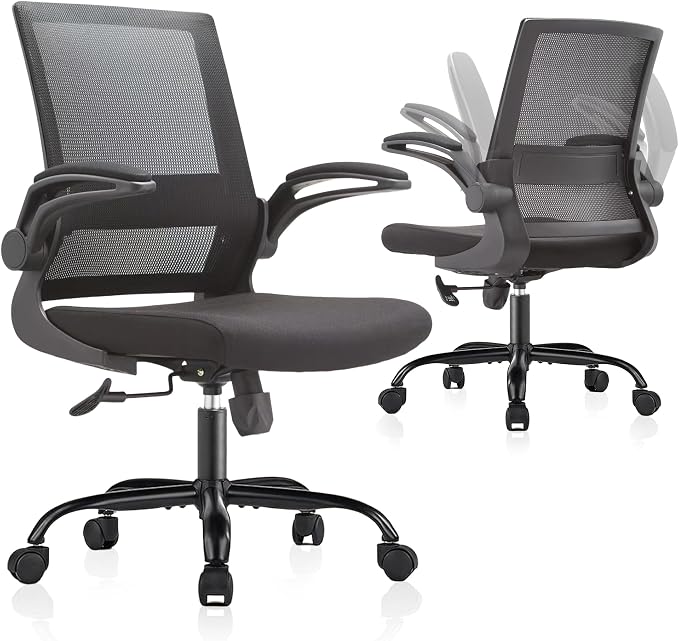 Mesh Office Chair with Flip-Up Armrests – Standard Issue Office Chair, Swivel Rolling Desk & Work Chair with Lumbar Support, Ergonomic Computer Chair for Home Office, Corporate Office, Black