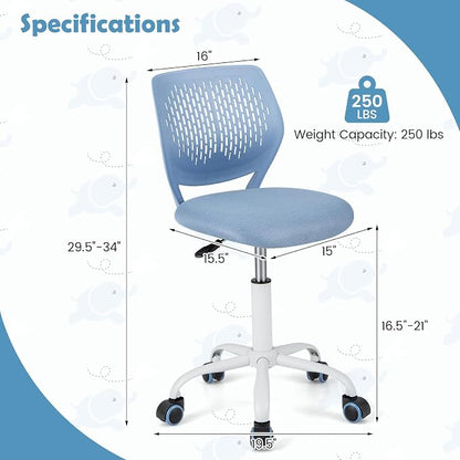 POWERSTONE Small Home Office Desk Chair, Swivel Rolling Study Computer Chair, Adjustable Height Task Chair with Armless Mid Back, Upholstered Mesh Seat, Blue