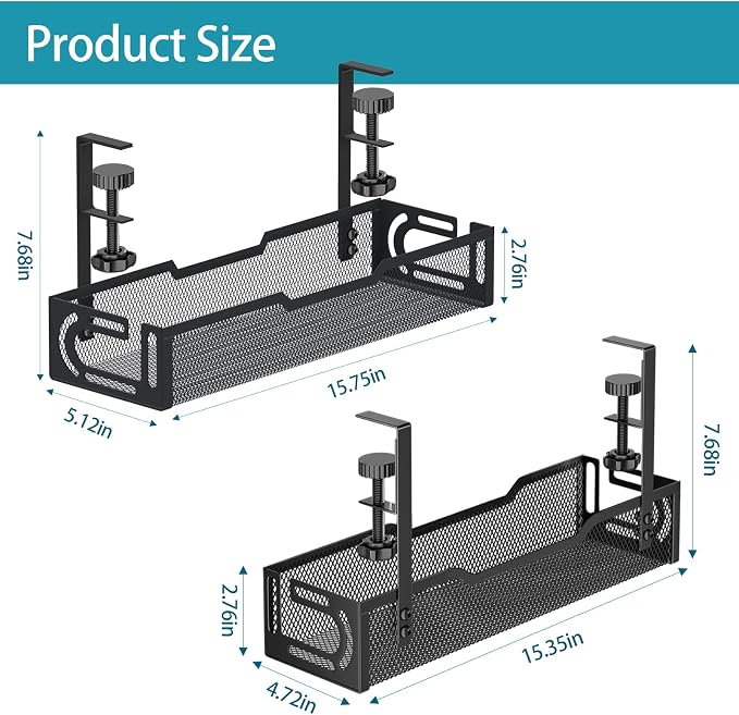 2Pack Under Desk Cable Management Tray, No Drill Mesh Desk Cable Tray, Wire Management Tray Cable Management Rack, Wire Organizer and Cable Management Box (Black)