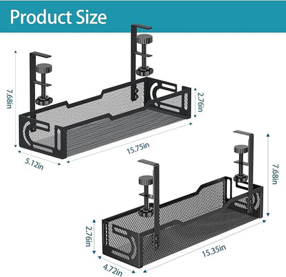 2Pack Under Desk Cable Management Tray, No Drill Mesh Desk Cable Tray, Wire Management Tray Cable Management Rack, Wire Organizer and Cable Management Box (Black)