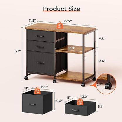 Maihail 3 Drawer File Cabinet with Wheels Rolling Printer Stand with Open Storage Shelf Fabric Lateral Filing Cabinet for Home Office,Rustic Brown