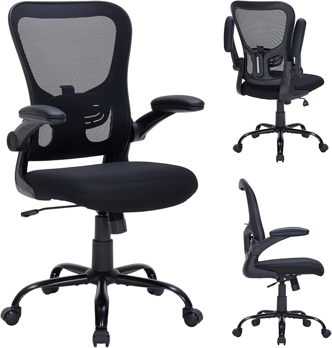 Ergonomic Mesh Office Chair with Adjustable Lumbar Support, Flip-Up Arms & Rolling Swivel Base, Breathable Computer Desk Chair for Home Office, Study & Remote Work, Black