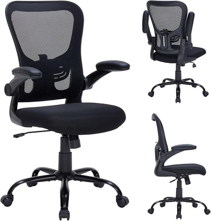 Ergonomic Mesh Office Chair with Adjustable Lumbar Support, Flip-Up Arms & Rolling Swivel Base, Breathable Computer Desk Chair for Home Office, Study & Remote Work, Black