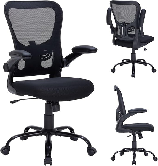 Ergonomic Mesh Office Chair with Adjustable Lumbar Support, Flip-Up Arms & Rolling Swivel Base, Breathable Computer Desk Chair for Home Office, Study & Remote Work, Black