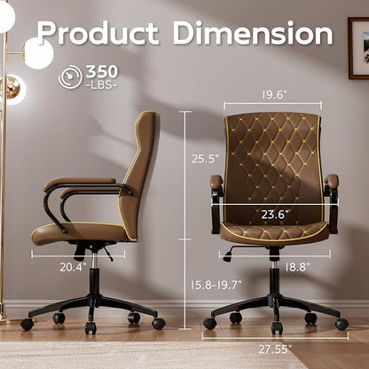 HomeZeer Brown Office Chair, Luxury Leather Executive Desk Chair | Elegant Timeless Appeal, Vintage Mid Back Styling with Wheels and Padded Arms, Thick High Density Foam Comfort
