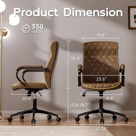 HomeZeer Brown Office Chair, Luxury Leather Executive Desk Chair | Elegant Timeless Appeal, Vintage Mid Back Styling with Wheels and Padded Arms, Thick High Density Foam Comfort