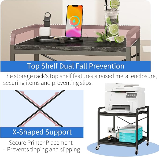 METYERRY Under Desk Printer Stand with Power Outlet,2 Tier Large Printer Table with Adjustable Shelf,Rolling Printer Cart with Industrial Wheels for Home Office,20"×20" Black