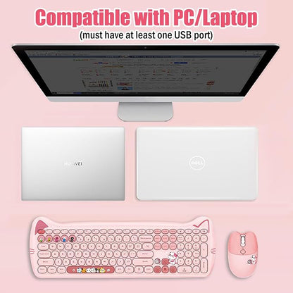 Cute Cat 2.4G USB Wireless Keyboard and Mouse Combo, Silent Keys, Candy Colors, Compatible with Notebook, PC (Pink-110Keys)