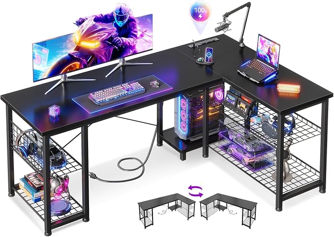 Casaottima 51 Inch L Shaped Gaming Desk with Shelves & Power Outlets, Reversible Computer Desk with Storage Shelves for Home Office, Black