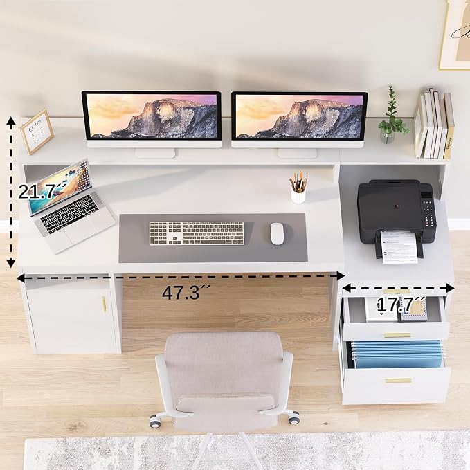 YOMILUVE Computer Desk with 3 Drawer & Storage Shelves, Home Office Desk with File Drawer & Cabinet, Writing Study Table with Long Monitor Stand & Printer Shelf, Executive Desk, White