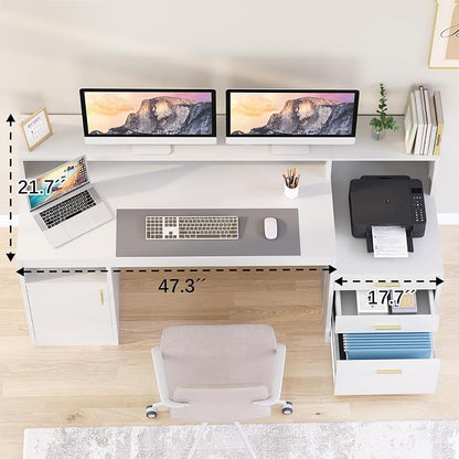YOMILUVE Computer Desk with 3 Drawer & Storage Shelves, Home Office Desk with File Drawer & Cabinet, Writing Study Table with Long Monitor Stand & Printer Shelf, Executive Desk, White