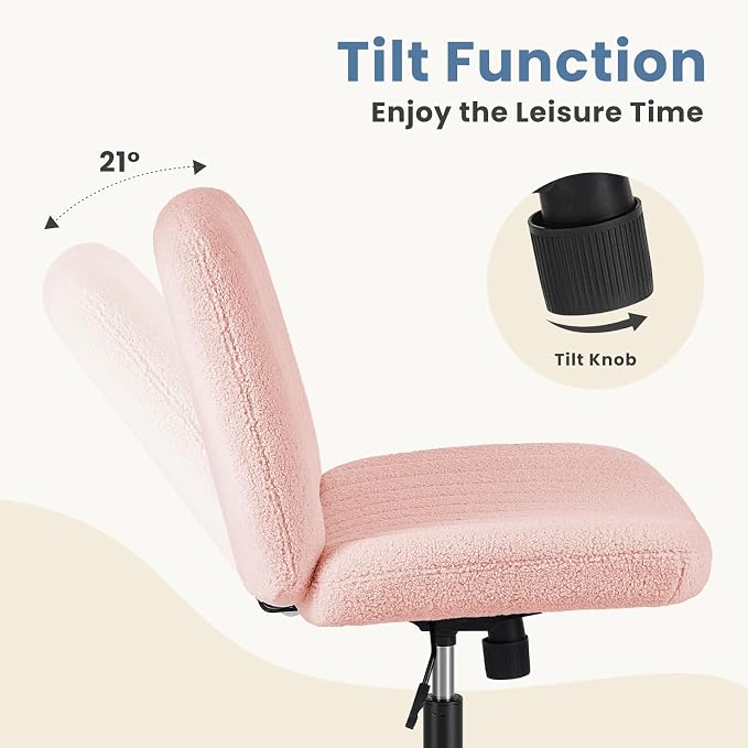 DUMOS Criss Cross Chair with Wheels, Wide Cross Legged Office Desk Vanity Chairs, Armless Height Adjustable Swivel Chairs for Home Computer Task, Teddy Fleece, Pink Wheel