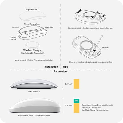 TATOFY Mouse Charger Compatible with Magic Mouse 2 (Lighting) Grip with Wireless Charging Support, Ergonomic Base (White)