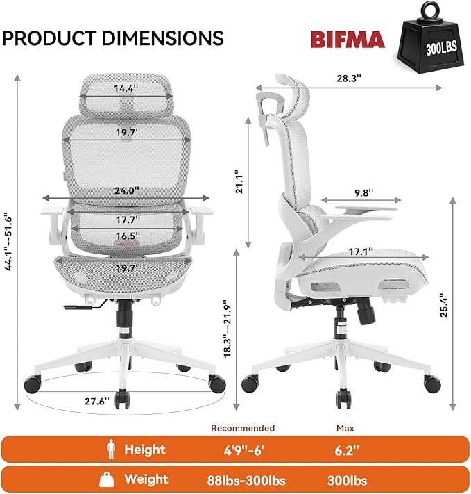 SIHOO B100 Office Chair, Comfy Ergonomic Office Chair, High Back Computer Chair with Adaptive Lumbar Support & Wide Headrest, Flip-up Armrests, Swivel Desk Chair for Long Hours, Grey