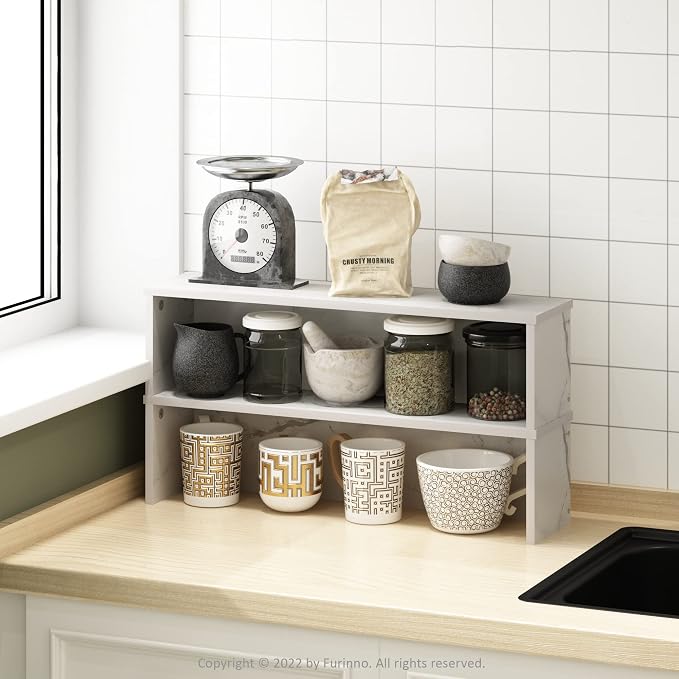 Furinno Helena Kitchen Counter Stackable Organizer Shelf, Set of 2, 23-Inch, Marble White
