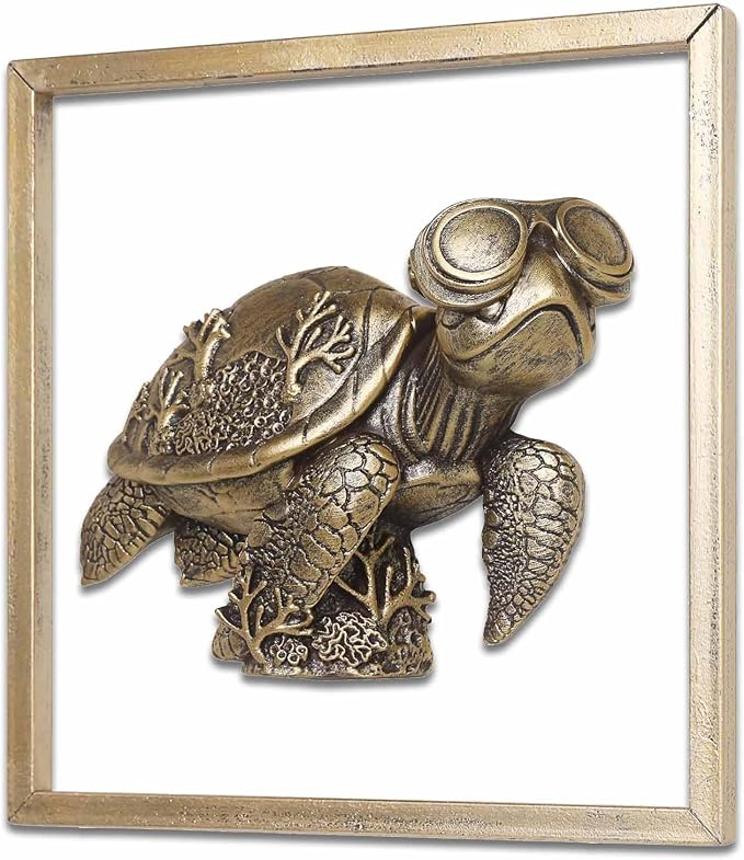 Newinhome Animal Heads Wall Decor (Includes Metal Frame) Resin sea turtle Sculptures Wall Hanging Decoration Gold vintage Wall Sculpture for Living Room Bedroom Office(Turtle)