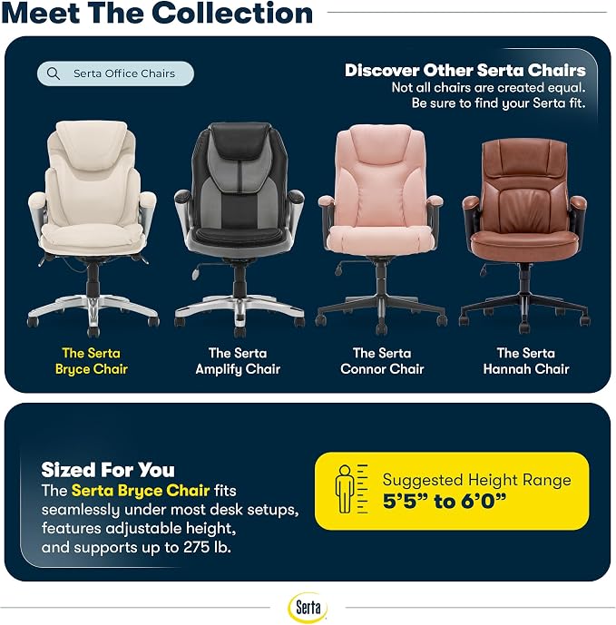 Serta Bryce Executive Office Chair - Ergonomic Computer DeskChair with Lumbar Technology - Adjustable Height - Memory Foam Body Pillows - 360° Swivel Rolling Base - Bonded Leather - Cream