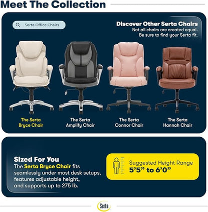 Serta Bryce Executive Office Chair - Ergonomic Computer DeskChair with Lumbar Technology - Adjustable Height - Memory Foam Body Pillows - 360° Swivel Rolling Base - Bonded Leather - Cream