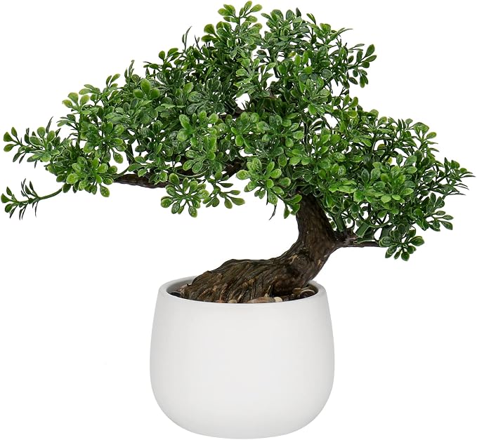 Fake Bonsai Tree Zen Juniper Bonsai Plant 9” Tall Artificial Bonsai Trees with White Ceramic Pot Decorated with Pebbles Desk Plant Indoor Bonsai for Home Office Decor