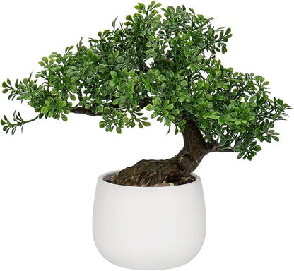 Fake Bonsai Tree Zen Juniper Bonsai Plant 9” Tall Artificial Bonsai Trees with White Ceramic Pot Decorated with Pebbles Desk Plant Indoor Bonsai for Home Office Decor