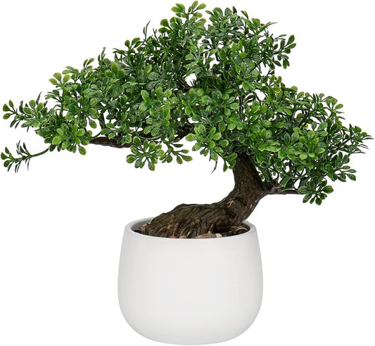 Fake Bonsai Tree Zen Juniper Bonsai Plant 9” Tall Artificial Bonsai Trees with White Ceramic Pot Decorated with Pebbles Desk Plant Indoor Bonsai for Home Office Decor