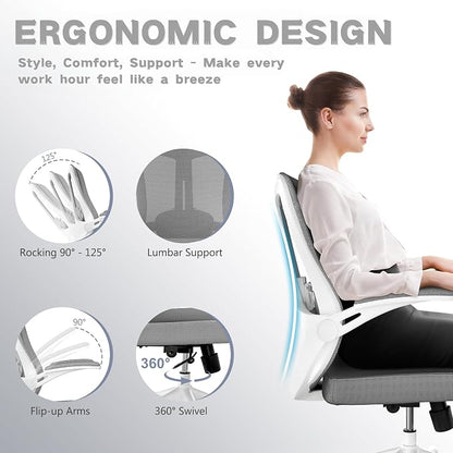 Ergonomic Office Chair - 350LB Comfy Desk Chairs with Lumbar Back Support, Mesh Computer Chairs with Wheels and Arms for Home Office, Study (Gray-Without Headrest)