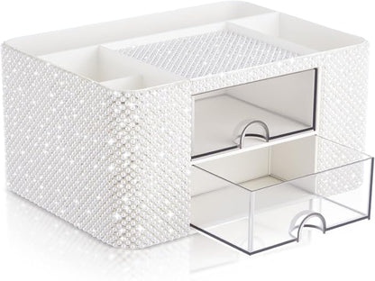 MotiMind White Bling Desk Organizer with 2 Drawer, Sparkly Makeup Organizer for Vanity, Girly Desk Accessories, Rhinestone Pen Holder, Elevate Your Workspace with White Serenity (Pearl)