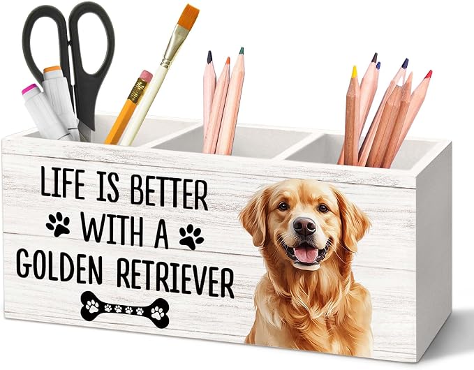 Golden Retriever Gifts Dog Pen Holder for Desk, Gifts for GoldenRetriever Lovers Pencil Organizer, Life is Better with A Golden Retriever Wood Pen Holder Desk Accessories Decor for Home Office