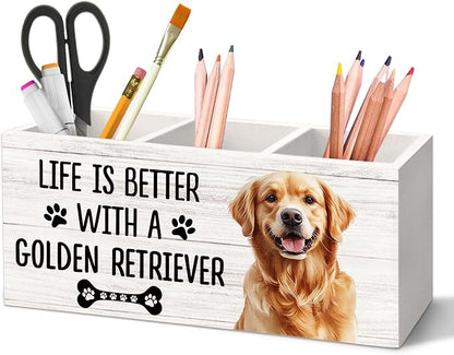 Golden Retriever Gifts Dog Pen Holder for Desk, Gifts for GoldenRetriever Lovers Pencil Organizer, Life is Better with A Golden Retriever Wood Pen Holder Desk Accessories Decor for Home Office