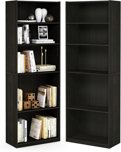 Furinno Jaya Book Shelf Set of 2, 5-Tier Bookshelf, Bookcase, with Adjustable Shelf, 9.5 x 24.5 x 71, for Home Office, Living Room, Espresso