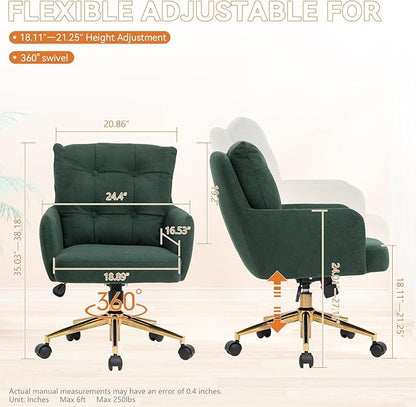 Flannel Office Chair, Comfy Home Office Desk Chairs with Lumbar Support, Modern Plush Fabric Desk Chair Gold Legs Swivel Task Chair for Home Office, Bedroom, Study, Green Upgraded Version