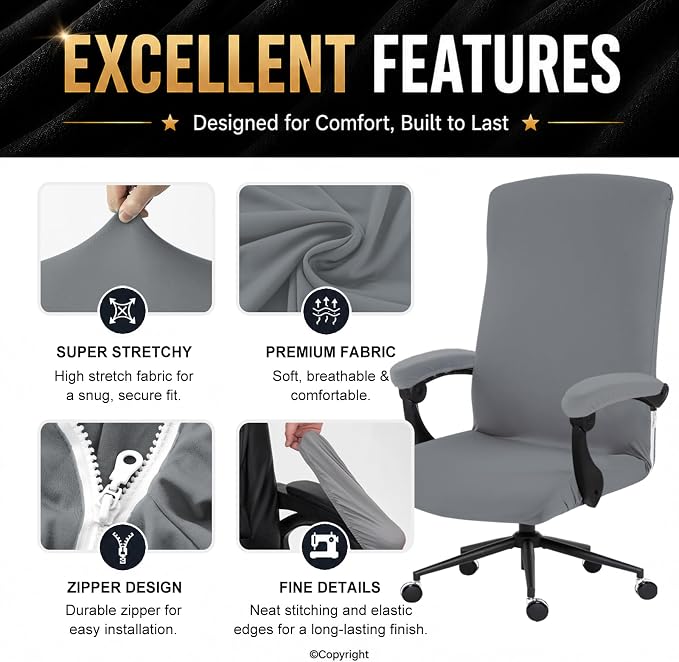 DIVA EN CAMINO DEC Stretch Computer Office Chair Cover with Armrest Covers Durable Zipper Universal Washable Removable Spandex Rotating Boss Chair Slipcovers Anti-dust Chair Seat Protector, Mid Gray
