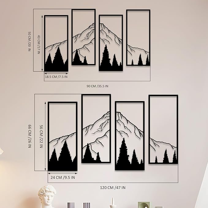 ruelen 4 Pcs Metal Mountain and Forest Wall Decorations, Minimalist Line Drawing Masculine Mountain Wall Art, Rustic Nature Hanging Wall Sculpture for Men Bedroom, Man Cave, Bachelor Pad, Office & Living Room Home Decor