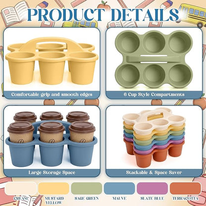 Suclain 6 Pcs Classroom Caddy with Handle Plastic Caddy Organizer with 6 Compartments Drink Cup Caddies Holder Portable Desk Crayon Storage Basket Pin for Teacher Kids Office School(Boho Color)
